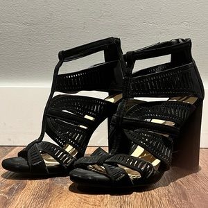 Call it spring - Open Toe Black Zip Up Strappy Design, Block Heel - Size 7